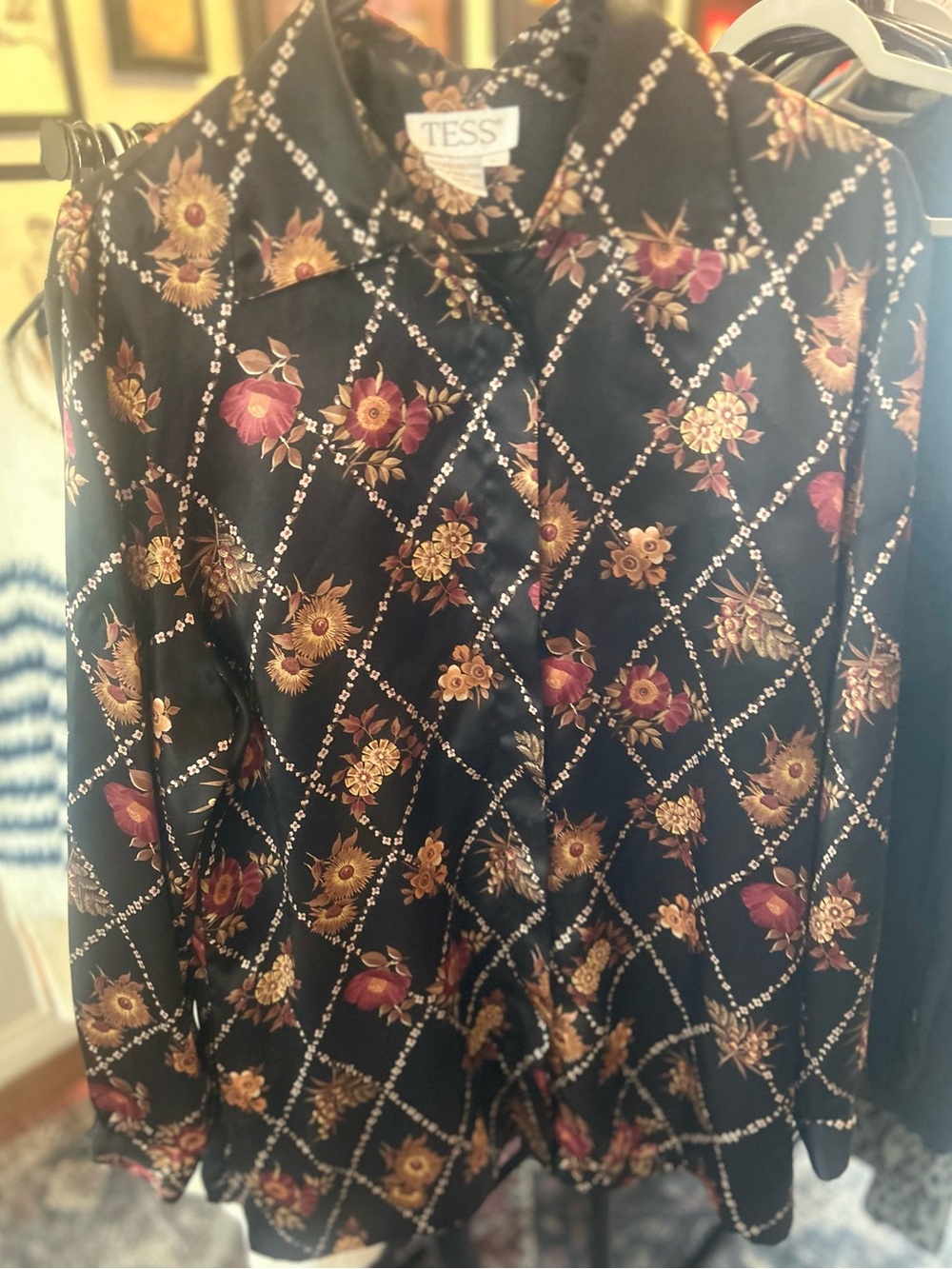 Vintage Black Floral Satin Button-Up Top
